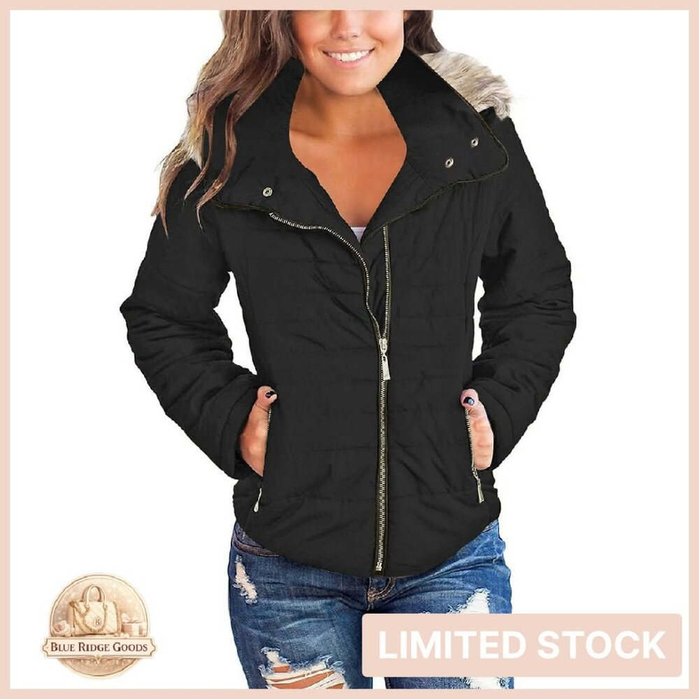 Quilted Puffer Parka Jacket Faux Fur Lapel Zip Pockets Chic Winter Coat